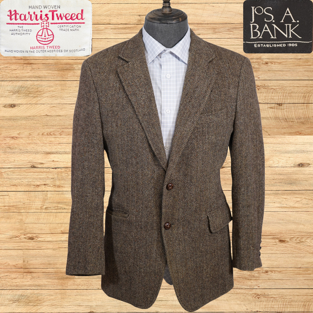 Harris Tweed Sport Coat Mens 38R Brown Herringbone Wool Blazer Jos A Bank